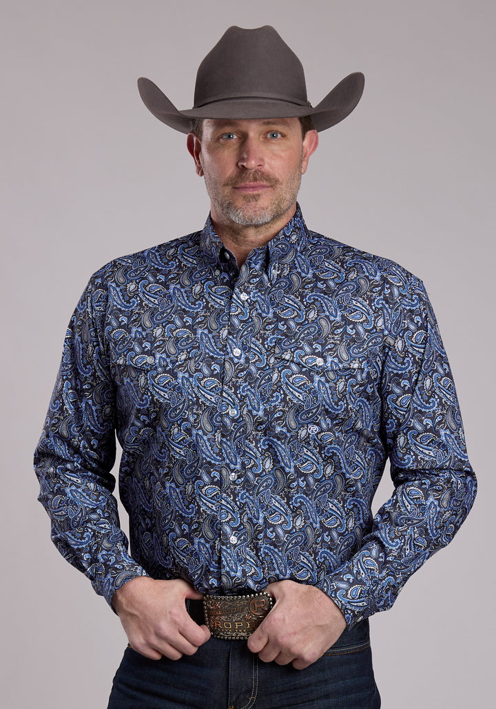 MENS ROPER SILVER BLUE PAISLEY WESTERN BUTTON UP SHIRT