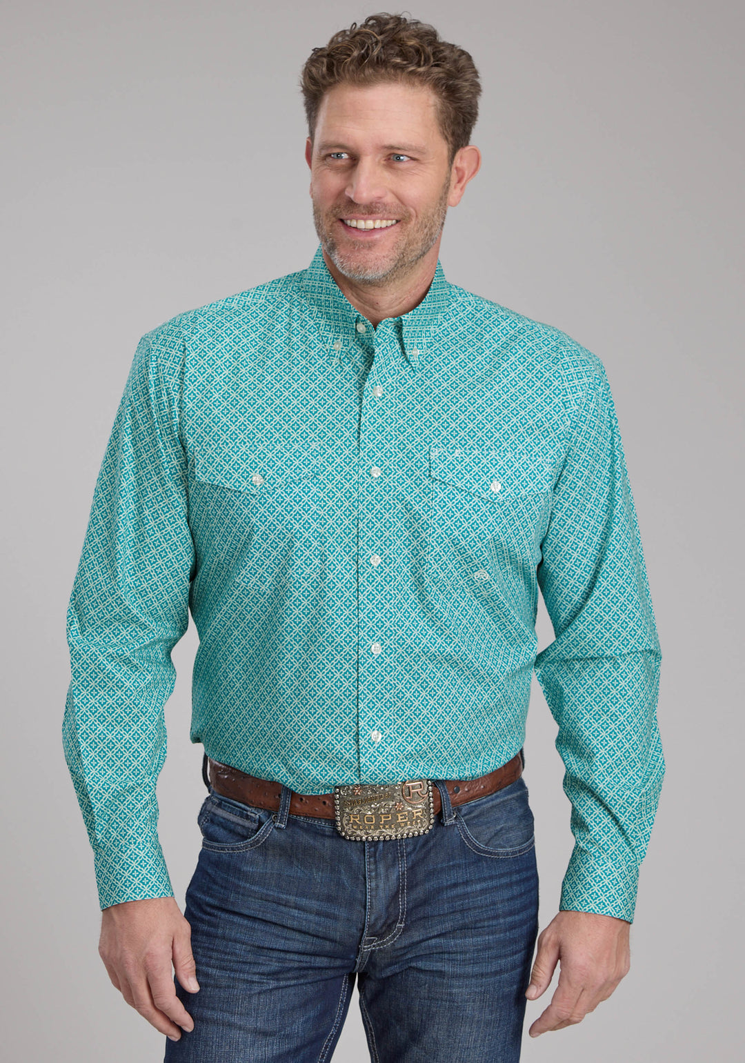 MENS STRETCH FOUR POINT FOULARD - TURQ LONG SLEEVE BUTTON WESTERN SHIRT