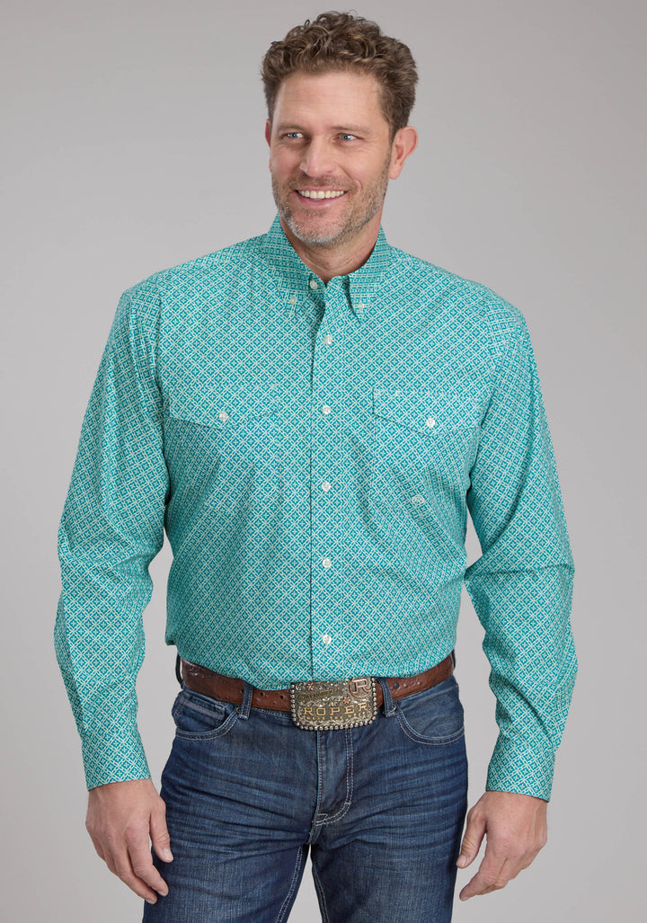 MENS STRETCH FOUR POINT FOULARD - TURQ LONG SLEEVE BUTTON WESTERN SHIRT