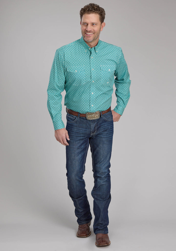 MENS STRETCH FOUR POINT FOULARD - TURQ LONG SLEEVE BUTTON WESTERN SHIRT