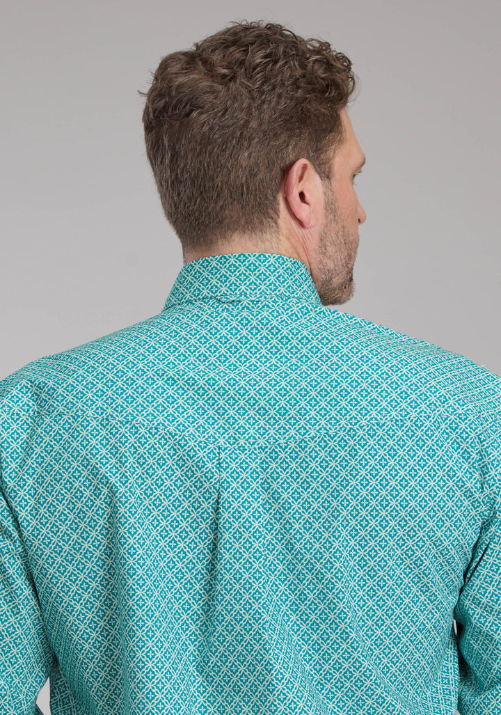 MENS STRETCH FOUR POINT FOULARD - TURQ LONG SLEEVE BUTTON WESTERN SHIRT
