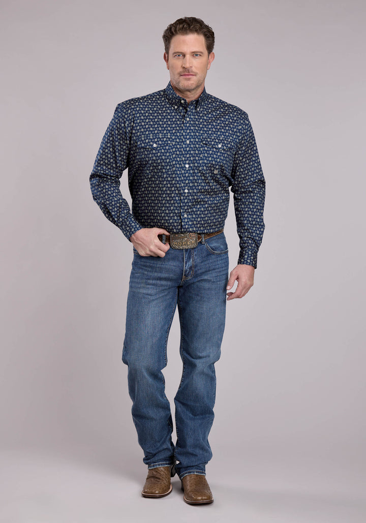 MENS LONG SLEEVE BUTTON STRETCH POPLIN PAISLEY - NAVY WESTERN SHIRT