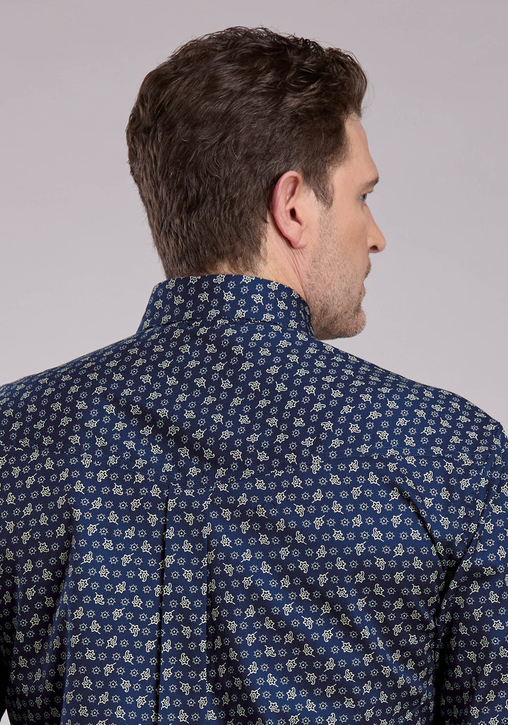 MENS LONG SLEEVE BUTTON STRETCH POPLIN PAISLEY - NAVY WESTERN SHIRT