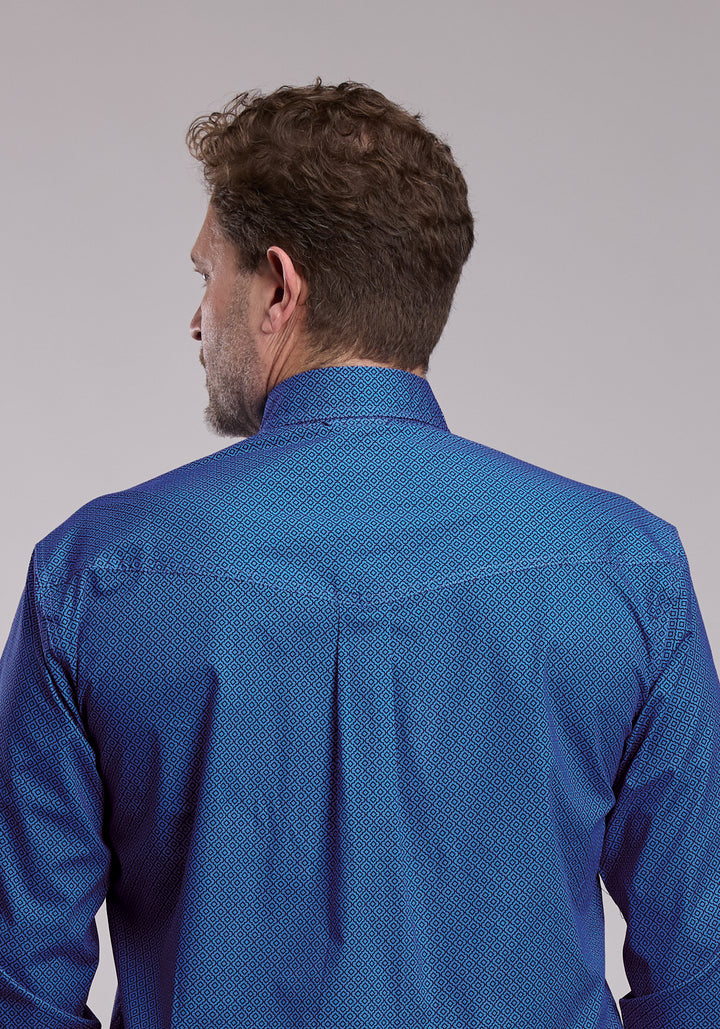 MENS ROPER BLUE LATTICE STRETCH WESTERN BUTTON UP SHIRT