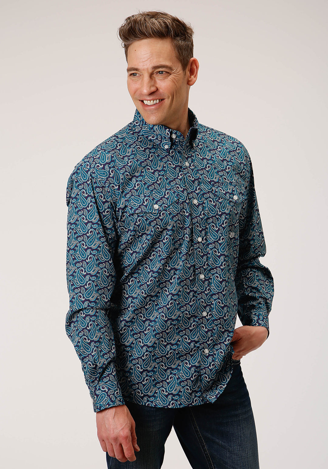 MENS LONG SLEEVE BUTTON PURPLE SAGE PAISLEY WESTERN SHIRT