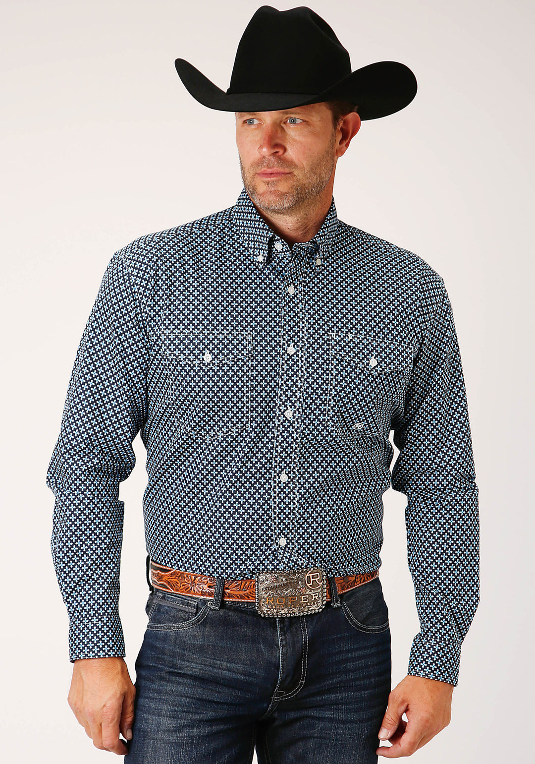 MENS LONG SLEEVE BUTTON FOUR LEAF FOULARD WESTERN SHIRT
