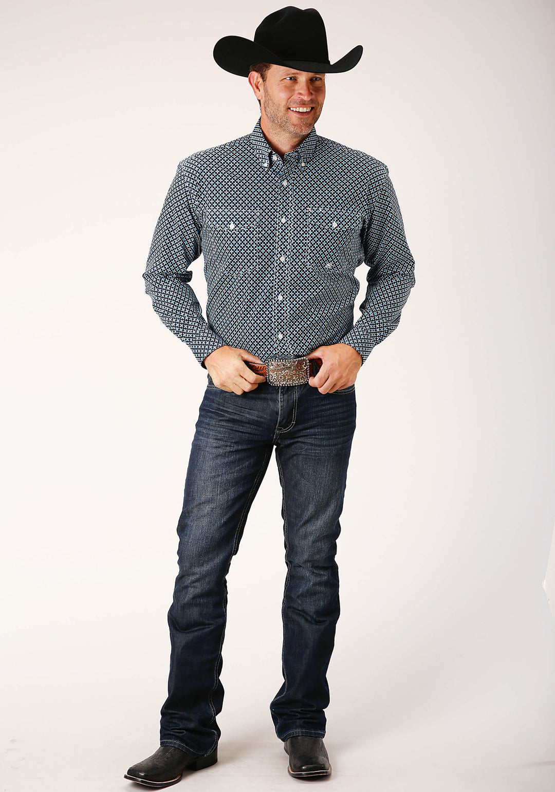 MENS LONG SLEEVE BUTTON FOUR LEAF FOULARD WESTERN SHIRT