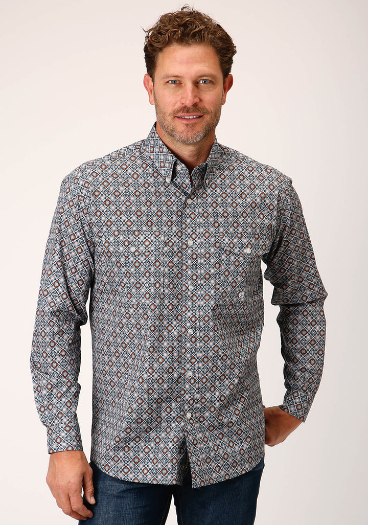 MENS LONG SLEEVE BUTTON SILVER FOULARD WESTERN SHIRT