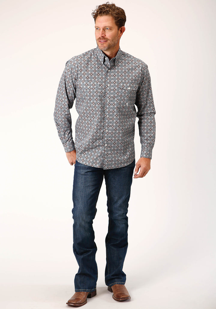 MENS LONG SLEEVE BUTTON SILVER FOULARD WESTERN SHIRT