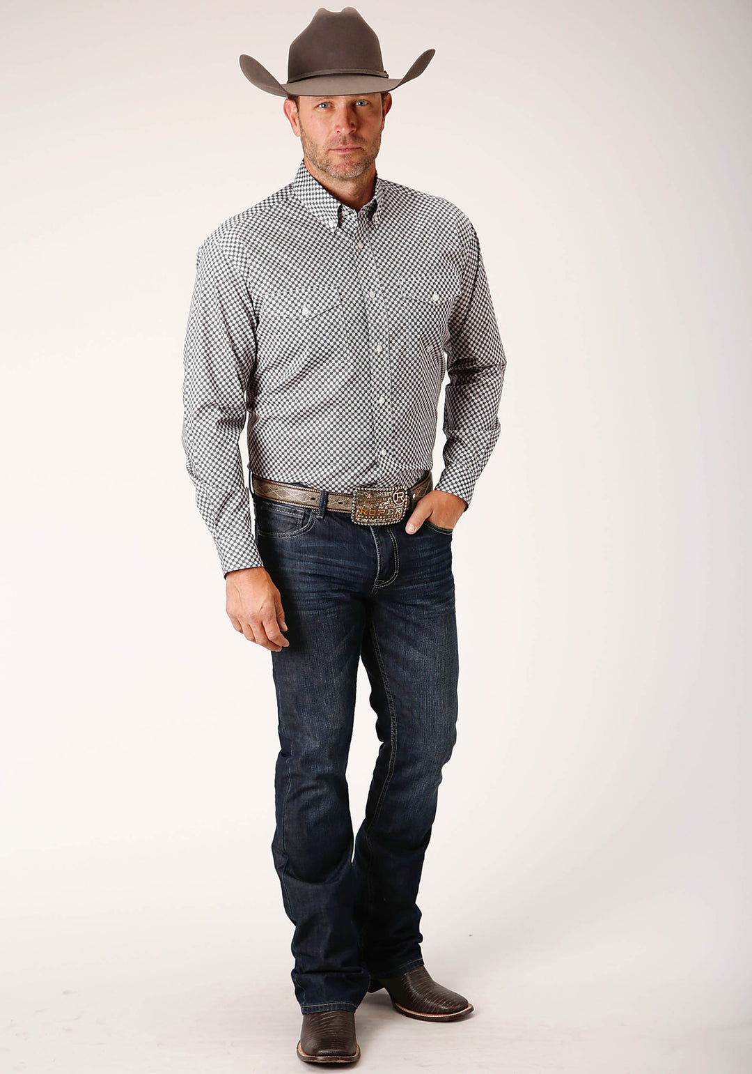 MENS LONG SLEEVE BUTTON DIAMOND STAR GEO  GREY WESTERN SHIRT