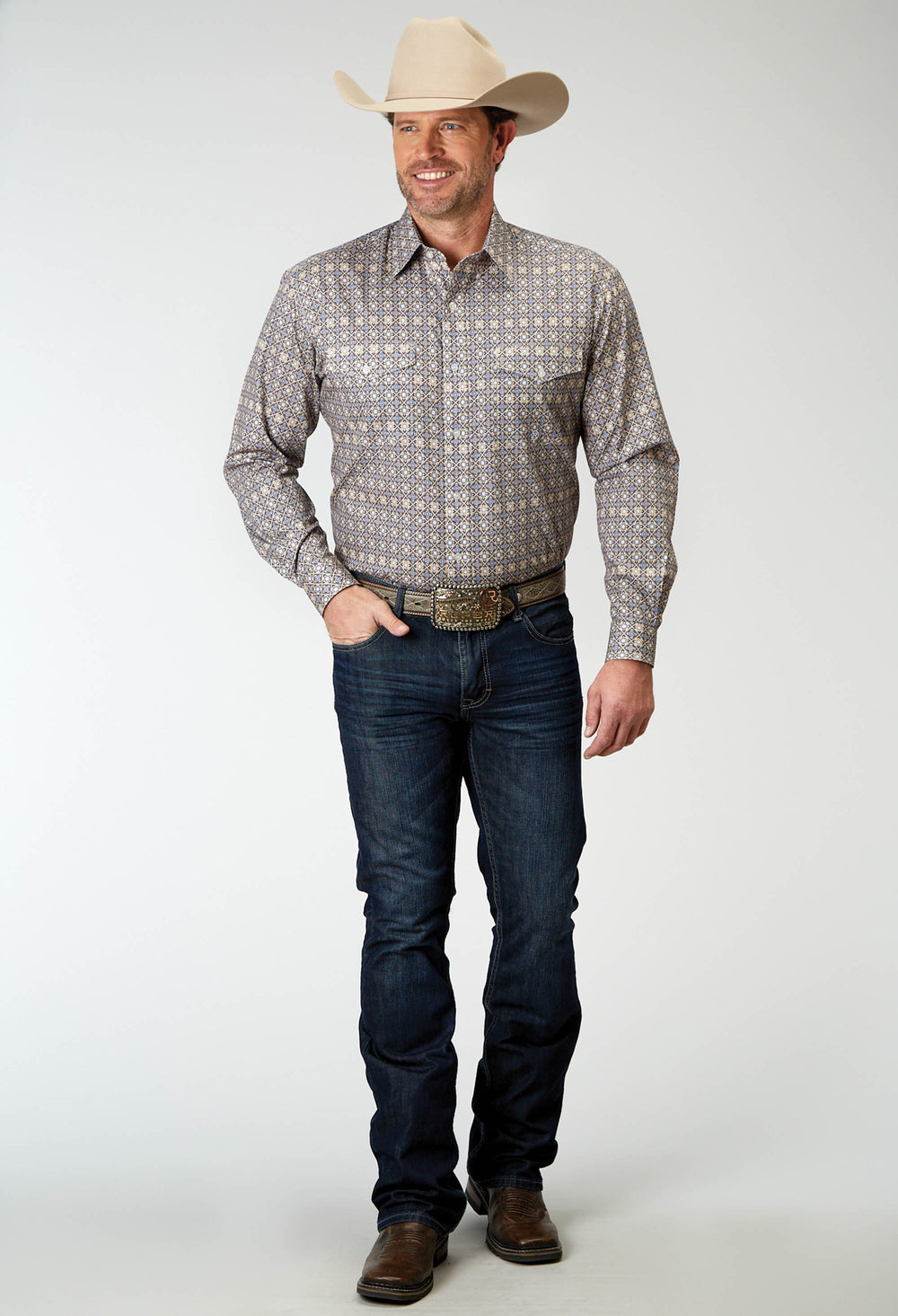 MENS LONG SLEEVE BUTTON WESTERN FOULARD WESTERN SHIRT