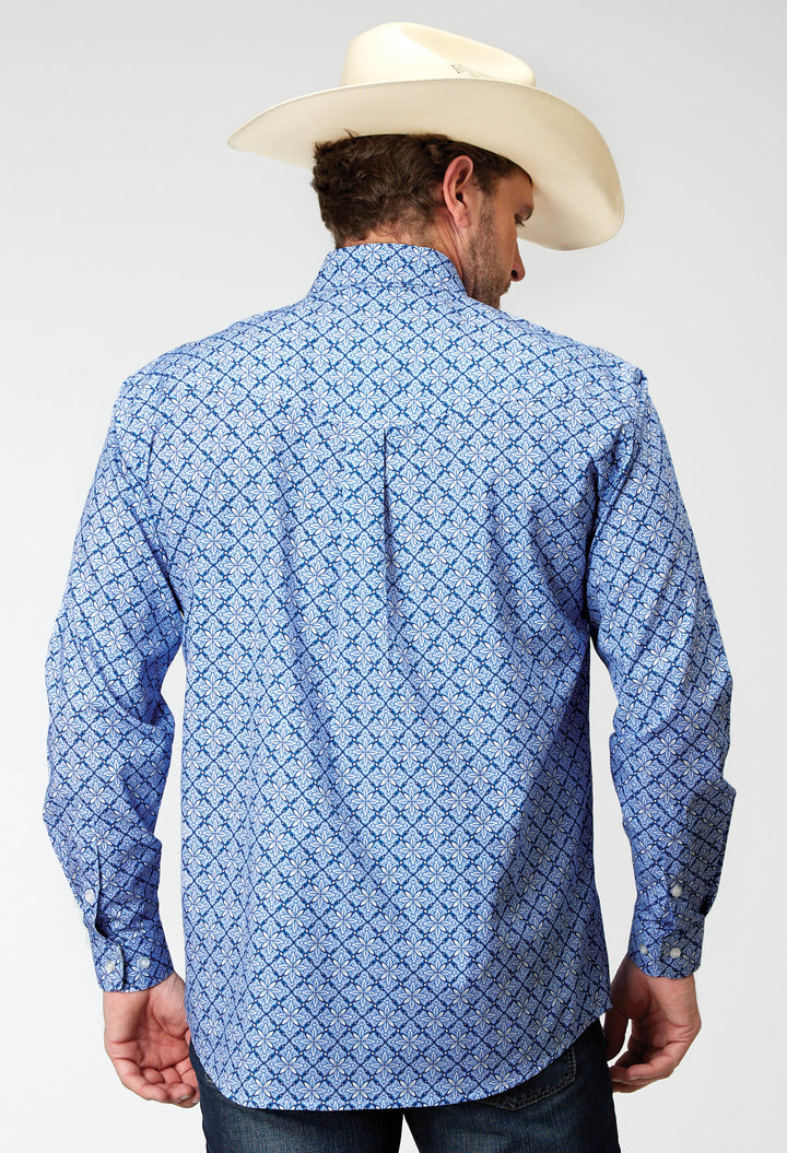 MENS LONG SLEEVE BUTTON BLUE SKIES TIE PRINT WESTERN SHIRT