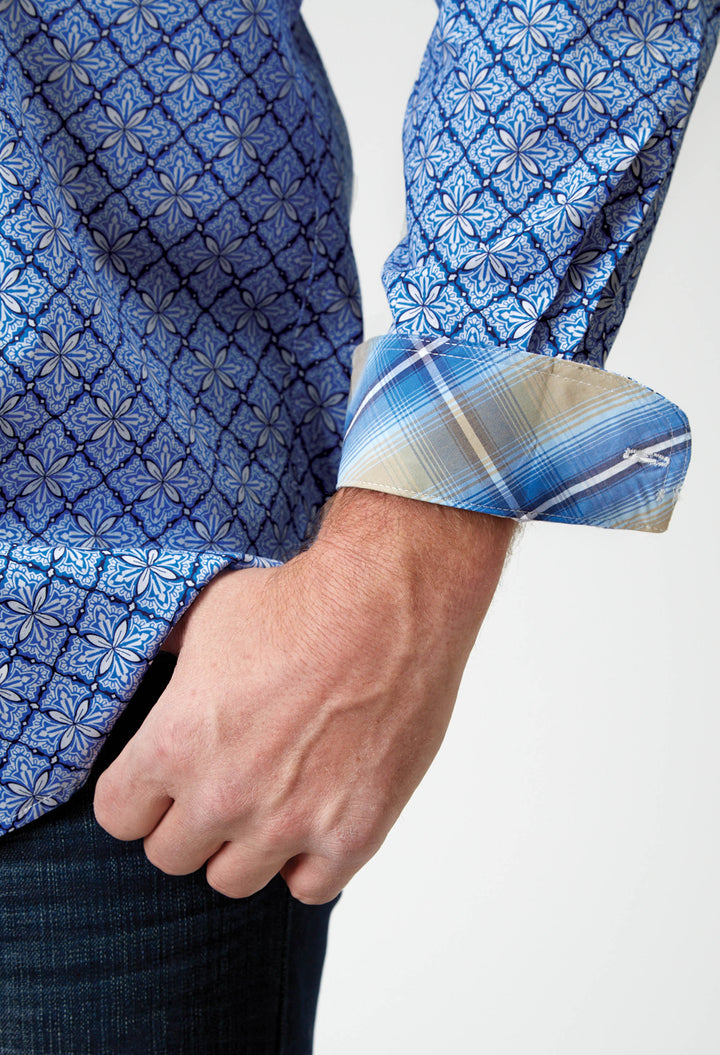 MENS LONG SLEEVE BUTTON BLUE SKIES TIE PRINT WESTERN SHIRT