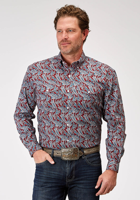 MENS LONG SLEEVE BUTTON RED RIVER PAISLEY WESTERN SHIRT