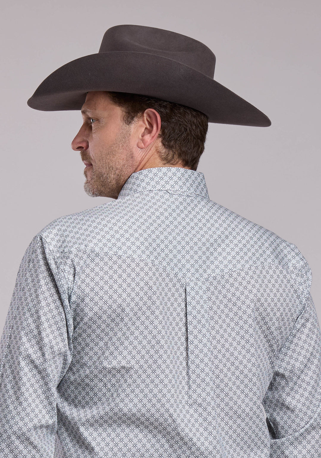 MENS ROPER GREY STRETCH FOUR POINT FOULARD LONG SLEEVE BUTTON SHIRT
