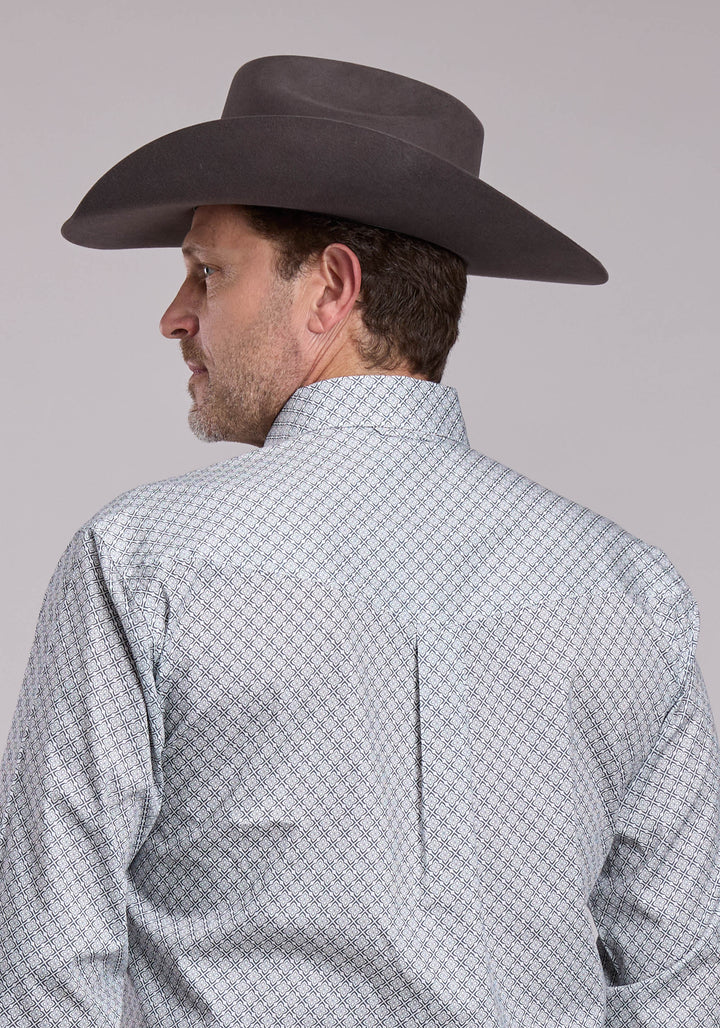 MENS ROPER GREY STRETCH FOUR POINT FOULARD LONG SLEEVE BUTTON SHIRT