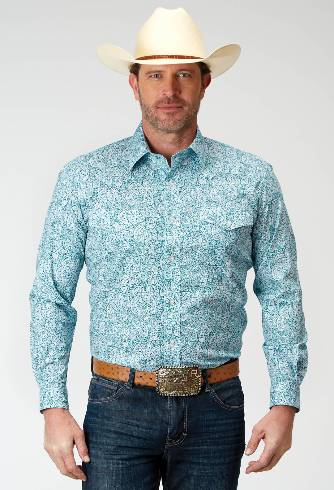 MENS LONG SLEEVE BUTTON STRETCH POPLIN TEAL PAISLEY WESTERN SHIRT