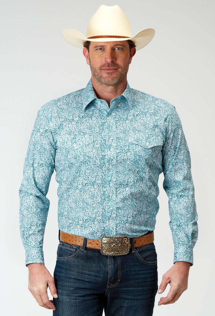 MENS LONG SLEEVE BUTTON STRETCH POPLIN TEAL PAISLEY WESTERN SHIRT