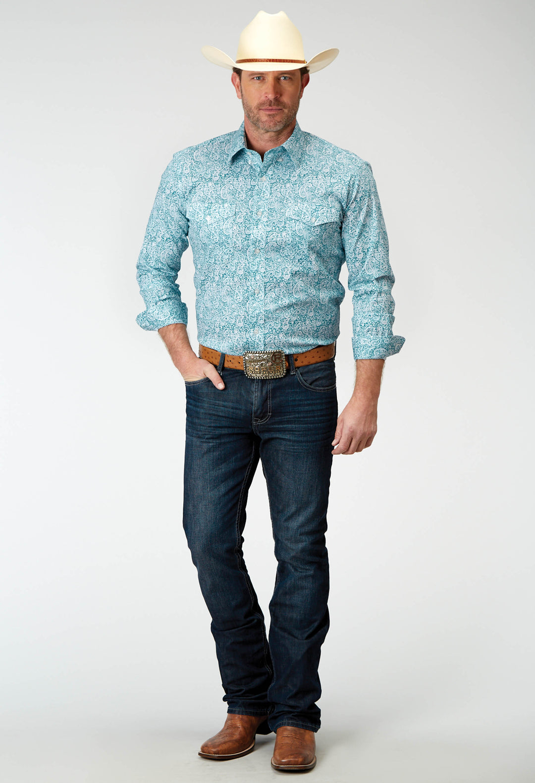 MENS LONG SLEEVE BUTTON STRETCH POPLIN TEAL PAISLEY WESTERN SHIRT