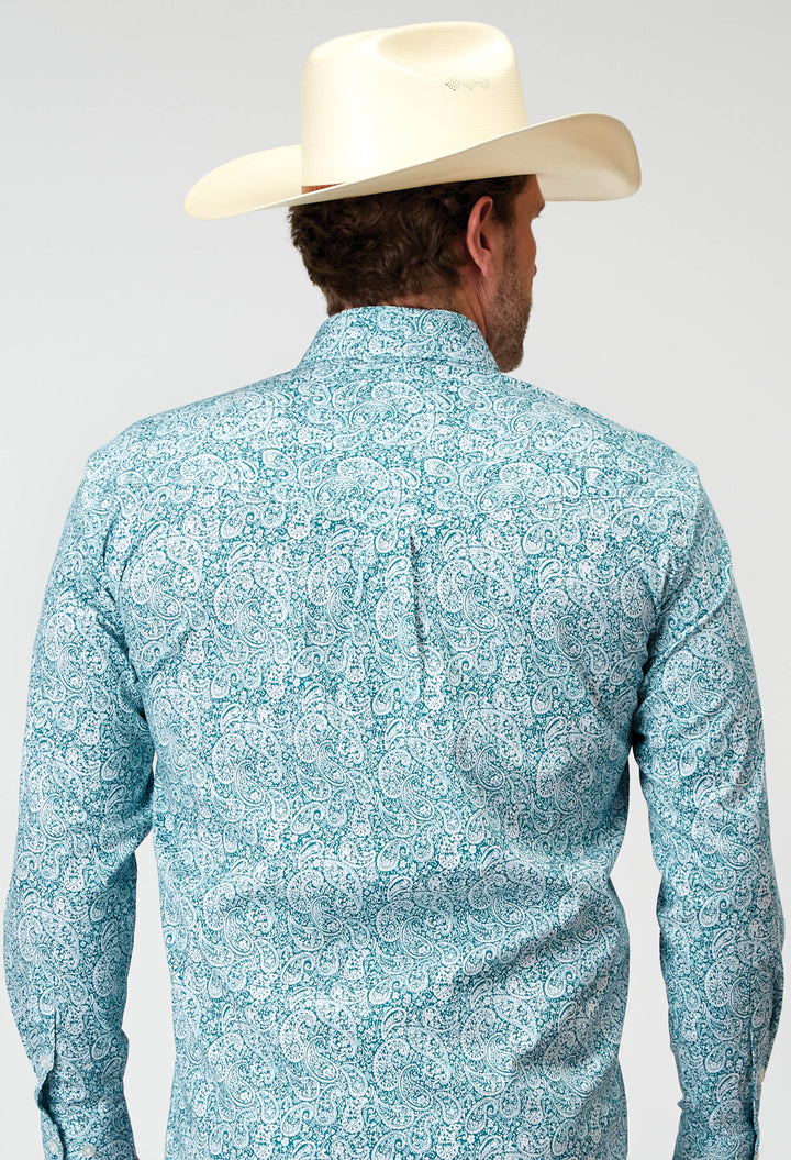 MENS LONG SLEEVE BUTTON STRETCH POPLIN TEAL PAISLEY WESTERN SHIRT