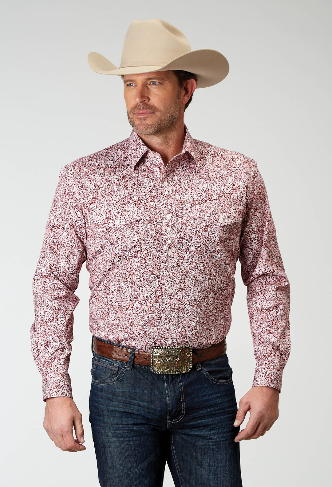 MENS LONG SLEEVE BUTTON STRETCH POPLIN RED PAISLEY WESTERN SHIRT