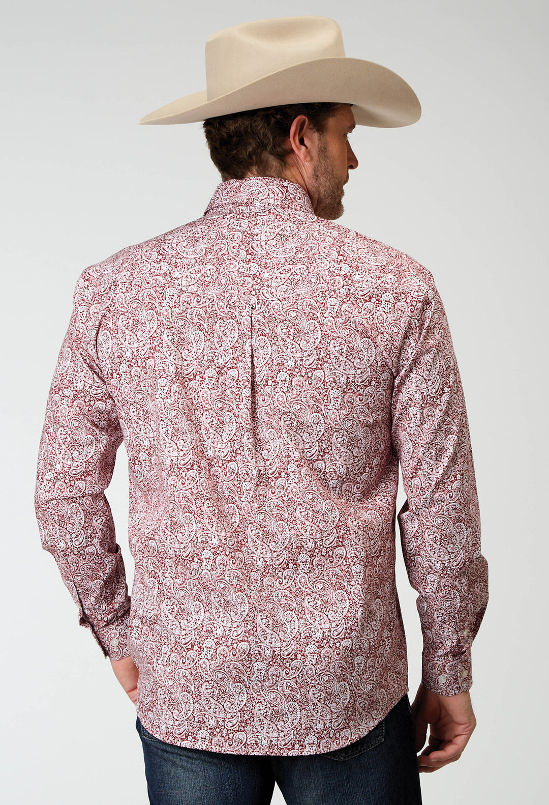 MENS LONG SLEEVE BUTTON STRETCH POPLIN RED PAISLEY WESTERN SHIRT
