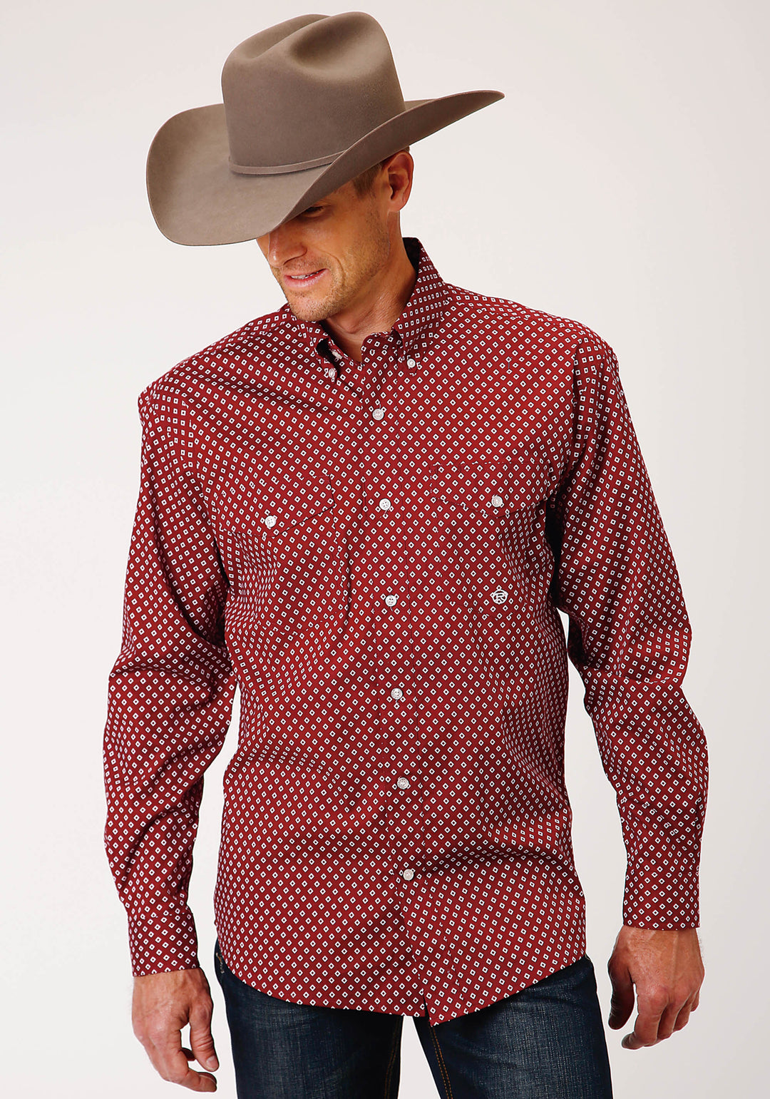 MENS LONG SLEEVE BUTTON STRETCH POPLIN DIAMOND  WINE WESTERN SHIRT