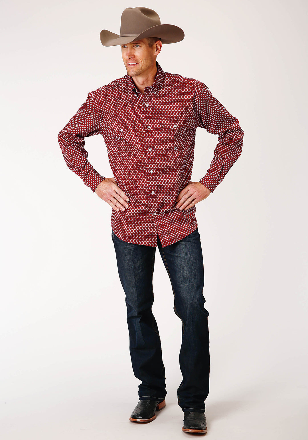 MENS LONG SLEEVE BUTTON STRETCH POPLIN DIAMOND  WINE WESTERN SHIRT