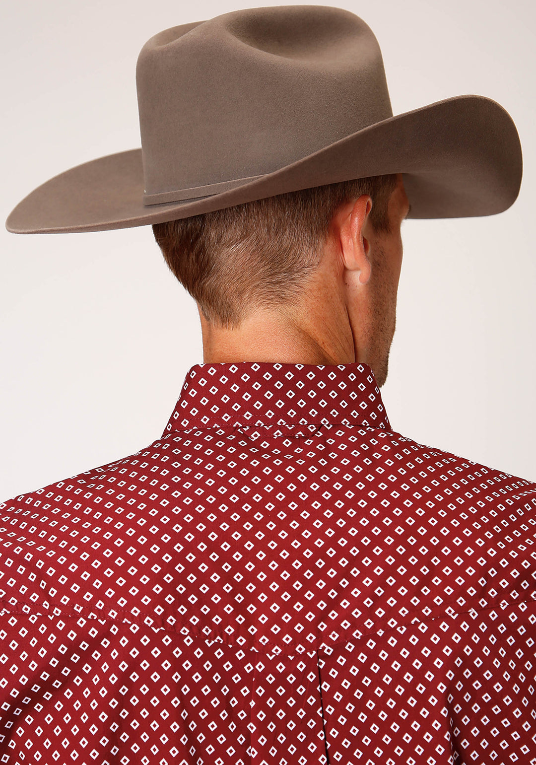 MENS LONG SLEEVE BUTTON STRETCH POPLIN DIAMOND  WINE WESTERN SHIRT