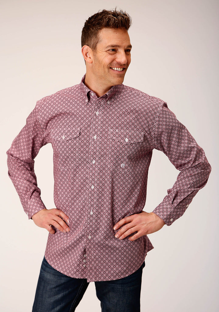 MENS LONG SLEEVE BUTTON RED DIAMOND FOULARD WESTERN SHIRT