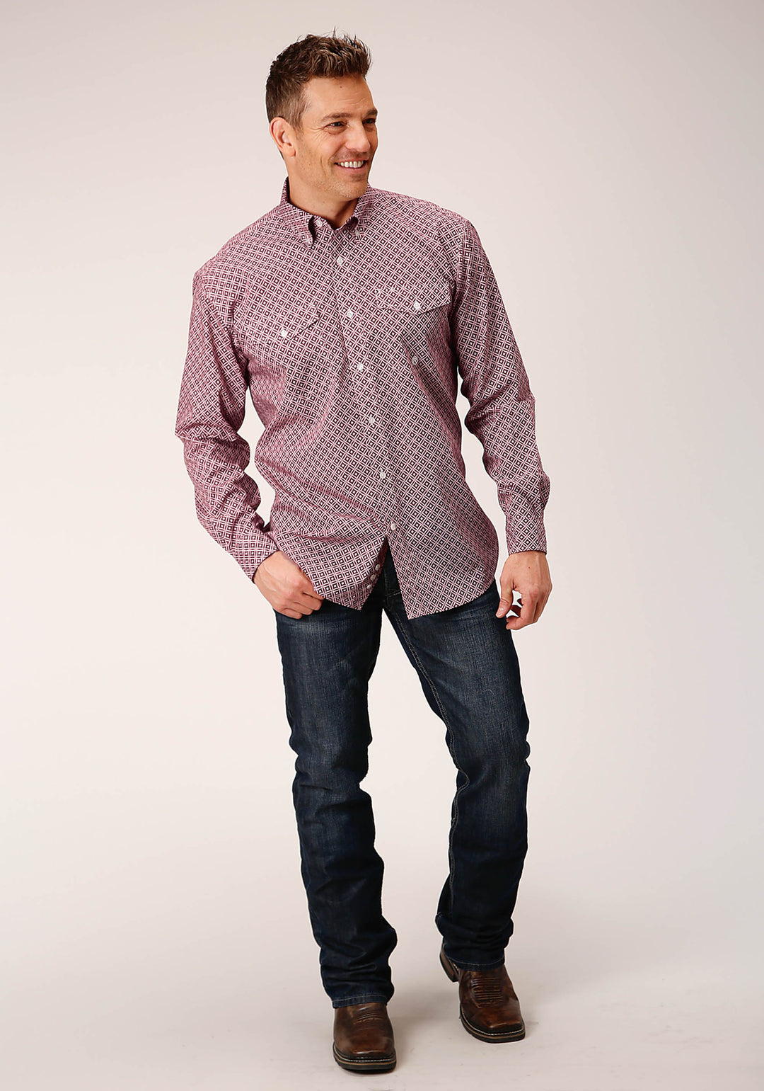 MENS LONG SLEEVE BUTTON RED DIAMOND FOULARD WESTERN SHIRT