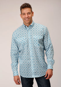 MENS LONG SLEEVE BUTTON TURQUOISE MEDALLION WESTERN SHIRT