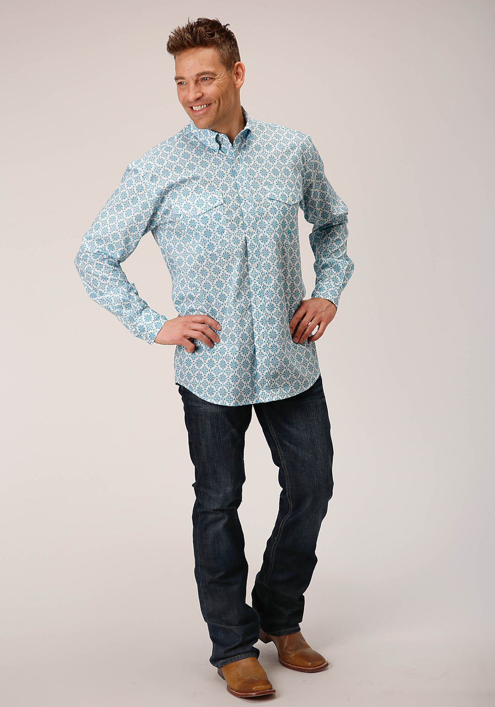 MENS LONG SLEEVE BUTTON TURQUOISE MEDALLION WESTERN SHIRT