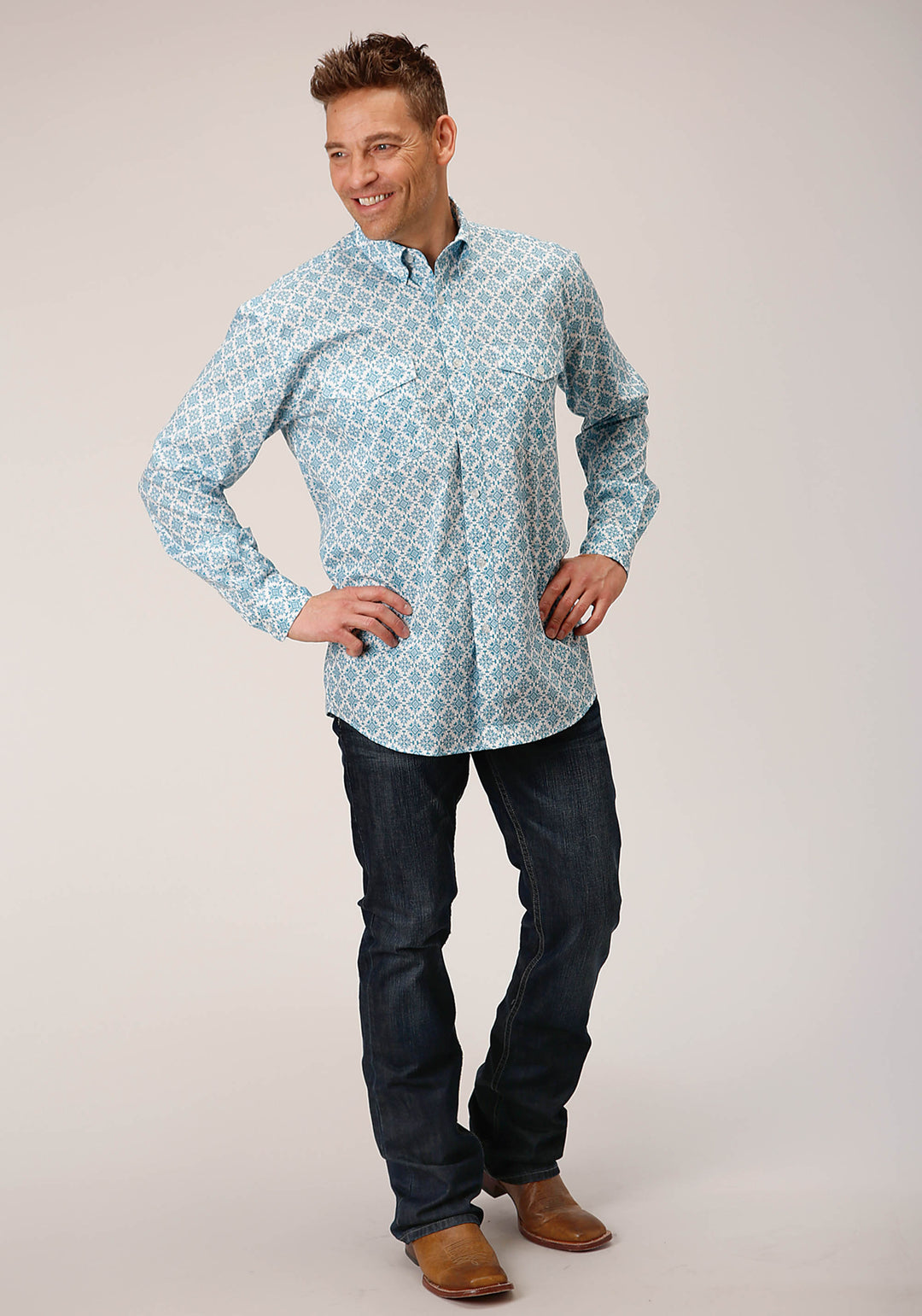 MENS LONG SLEEVE BUTTON TURQUOISE MEDALLION WESTERN SHIRT