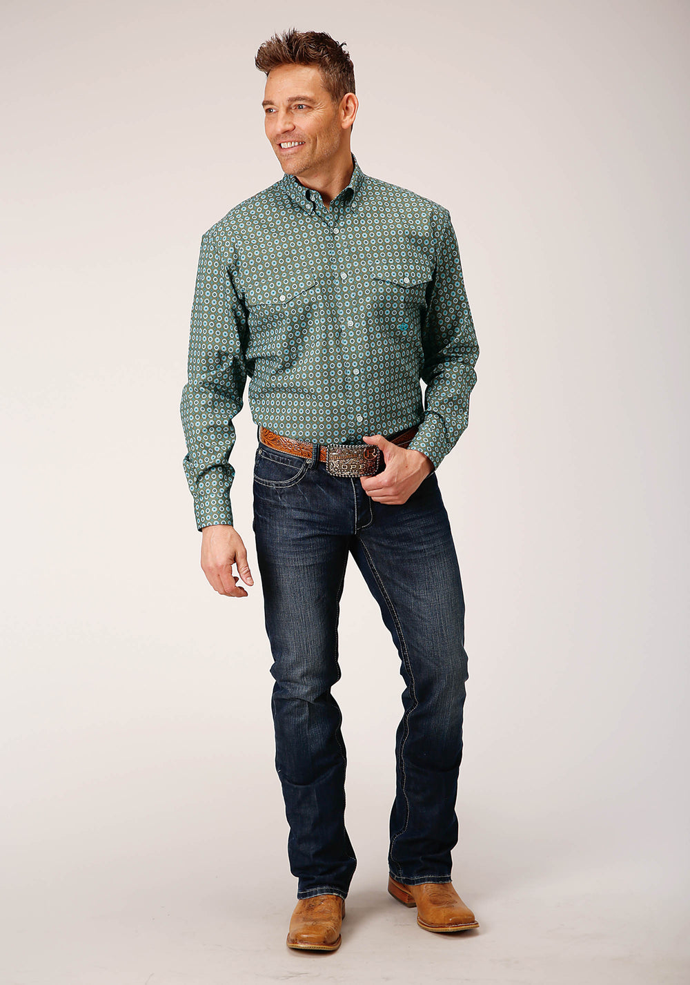 MENS LONG SLEEVE BUTTON OLIVE FOULARD WESTERN SHIRT