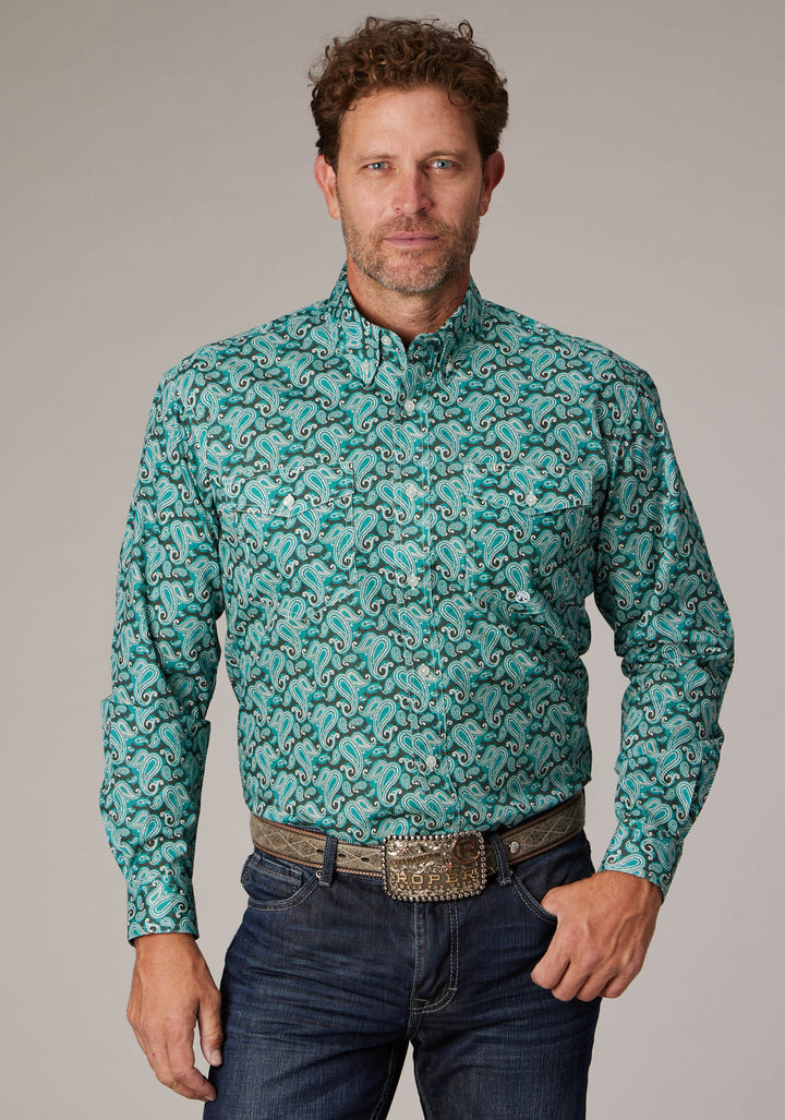 Roper Mens Long Sleeve Button Jade Paisley Western Shirt 2XL Roper Mens Long Sleeve Button Jade Paisley Western Shirt 2XL