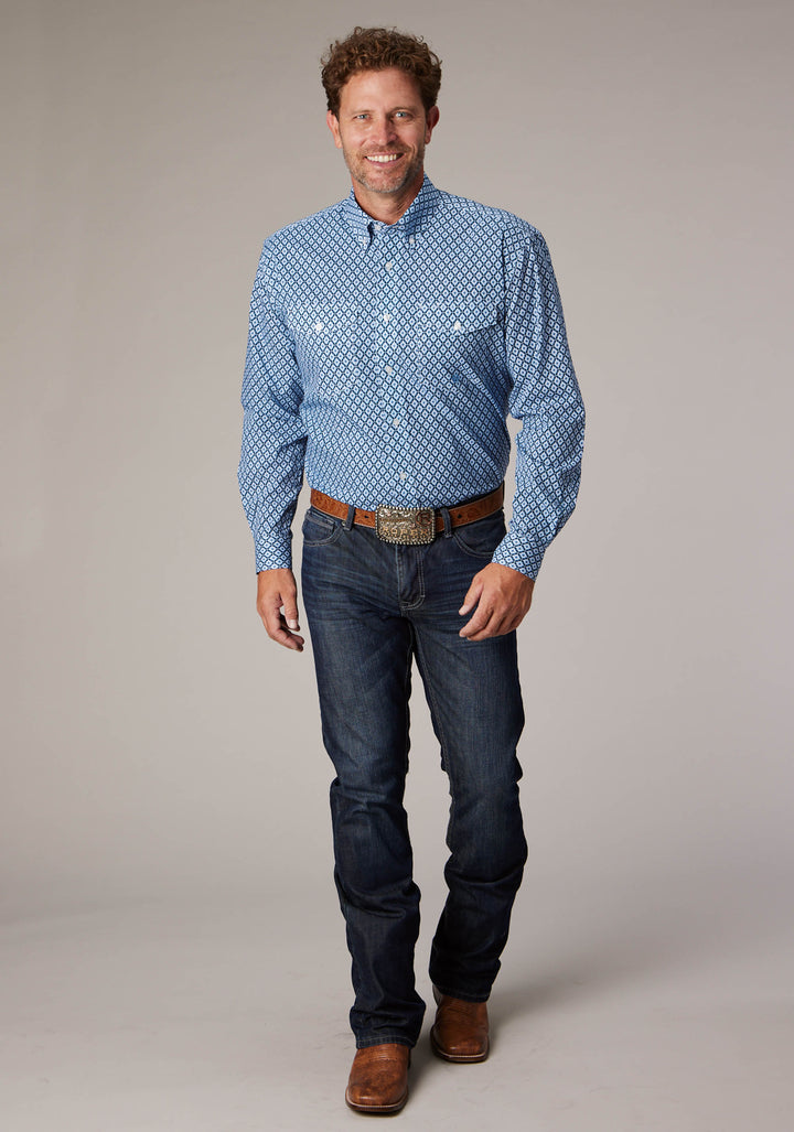 MENS BLUE FOULARD LONG SLEEVE BUTTON WESTERN SHIRT
