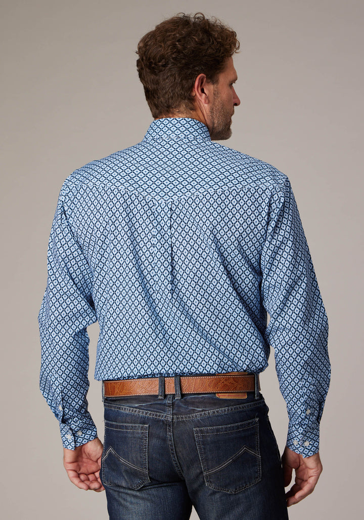 MENS BLUE FOULARD LONG SLEEVE BUTTON WESTERN SHIRT