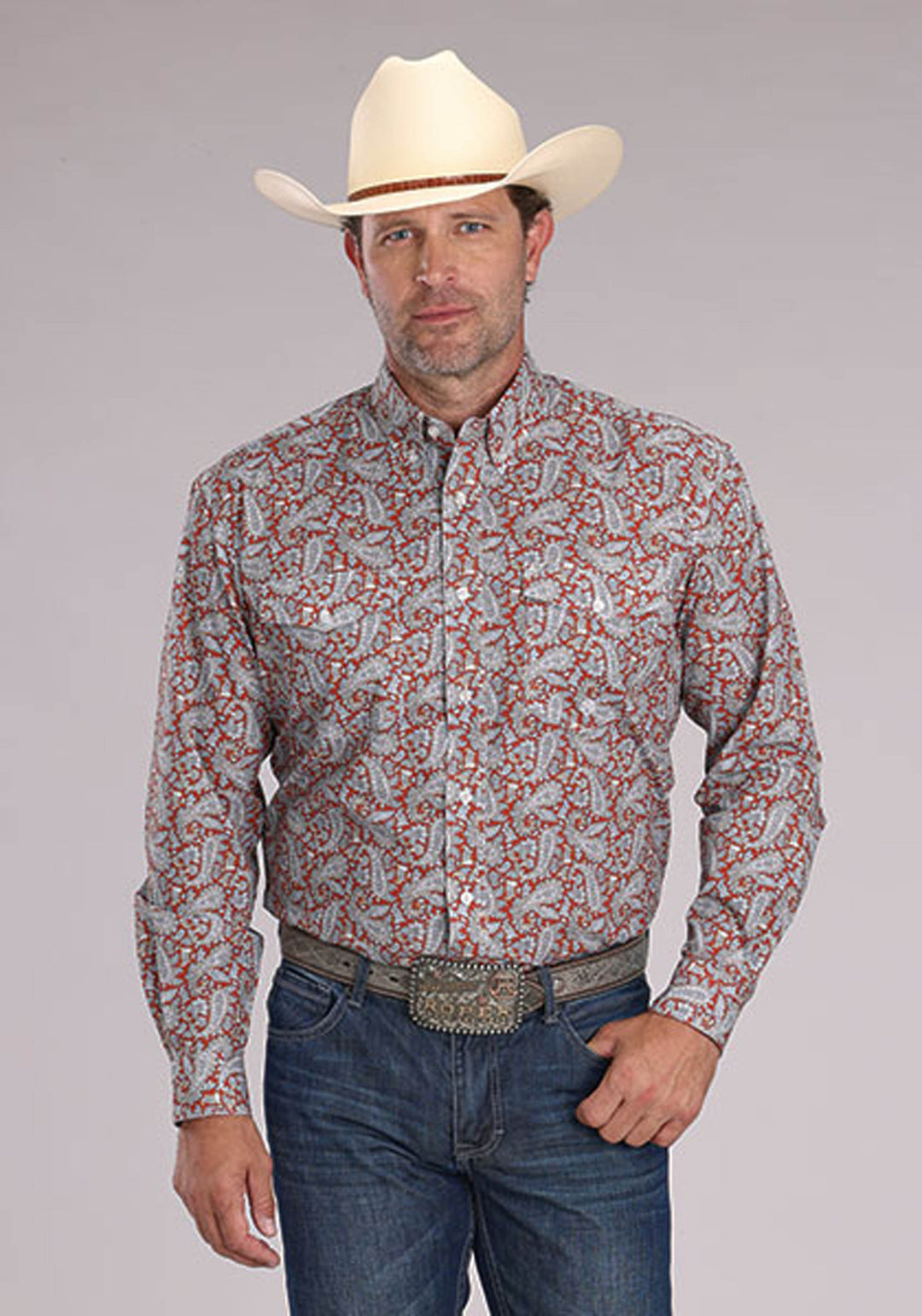 MENS LONG SLEEVE BUTTON CLAY PAISLEY WESTERN SHIRT