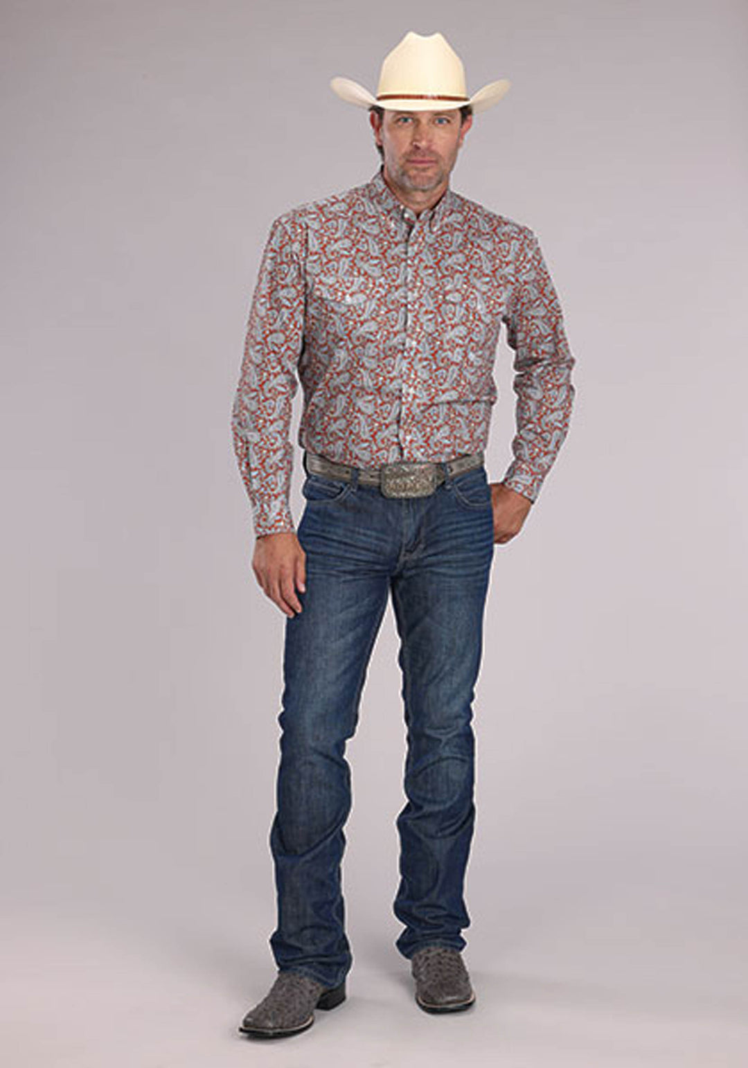 MENS LONG SLEEVE BUTTON CLAY PAISLEY WESTERN SHIRT