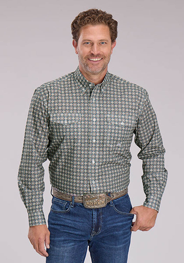 MENS LONG SLEEVE BUTTON MEDALLION FOULARD WESTERN SHIRT