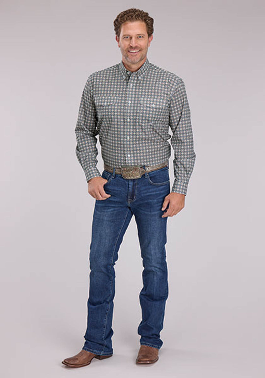 MENS LONG SLEEVE BUTTON MEDALLION FOULARD WESTERN SHIRT