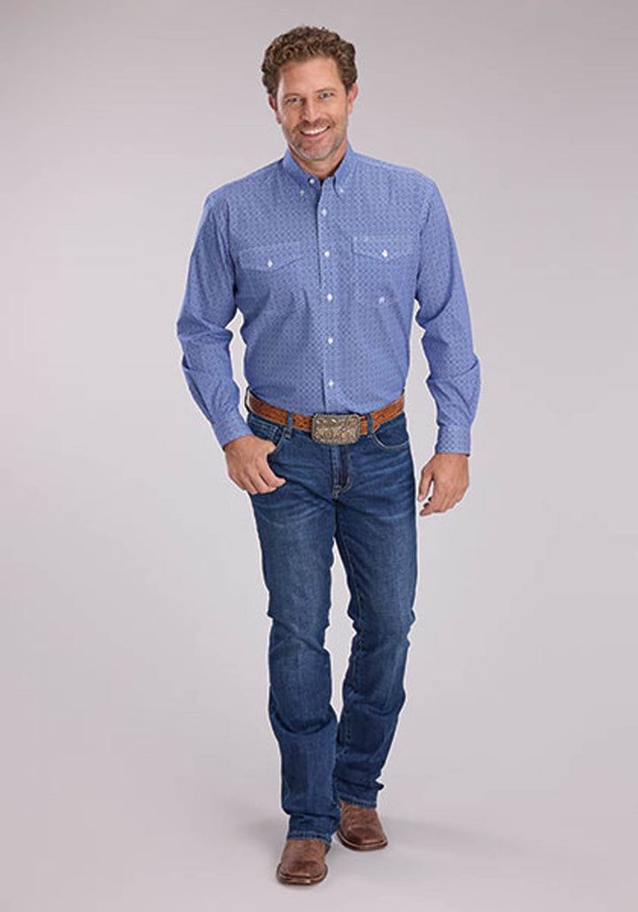 MENS STRETCH FOULARD PRINT - BLUE LONG SLEEVE BUTTON WESTERN SHIRT