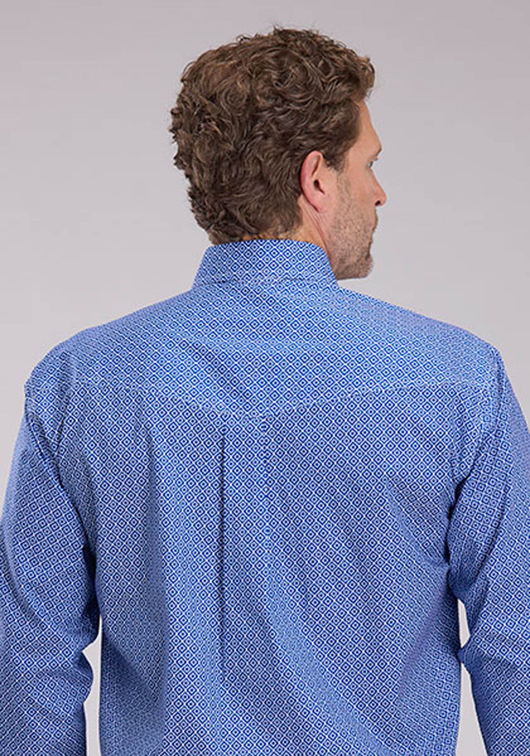 MENS STRETCH FOULARD PRINT - BLUE LONG SLEEVE BUTTON WESTERN SHIRT