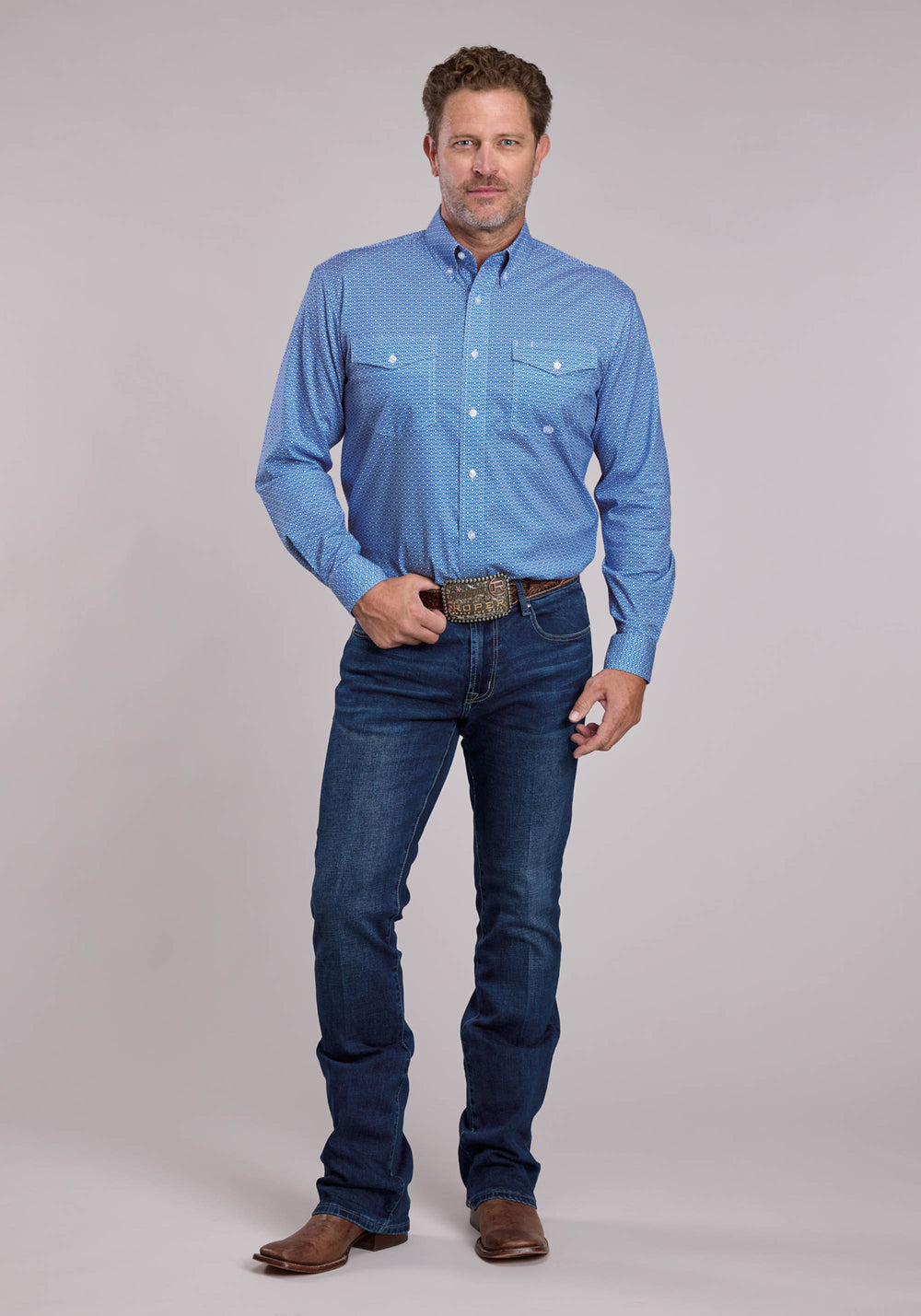 MENS ROPER BLUE STRETCH GEO PRINT LONG SLEEVE BUTTON SHIRT
