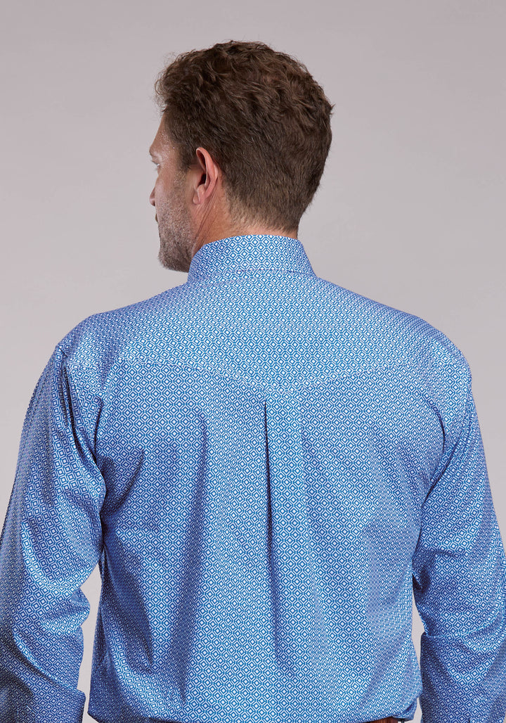 MENS ROPER BLUE STRETCH GEO PRINT LONG SLEEVE BUTTON SHIRT