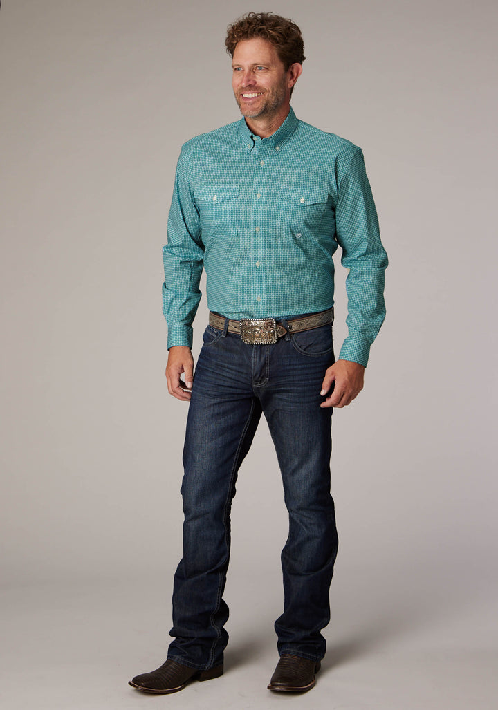 MENS LONG SLEEVE BUTTON STRETCH NEAT TEAL WESTERN SHIRT