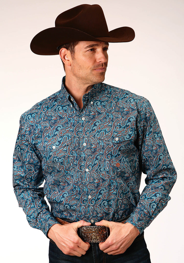 MENS LONG SLEEVE BUTTON BLUE CANYON PAISLEY WESTERN SHIRT