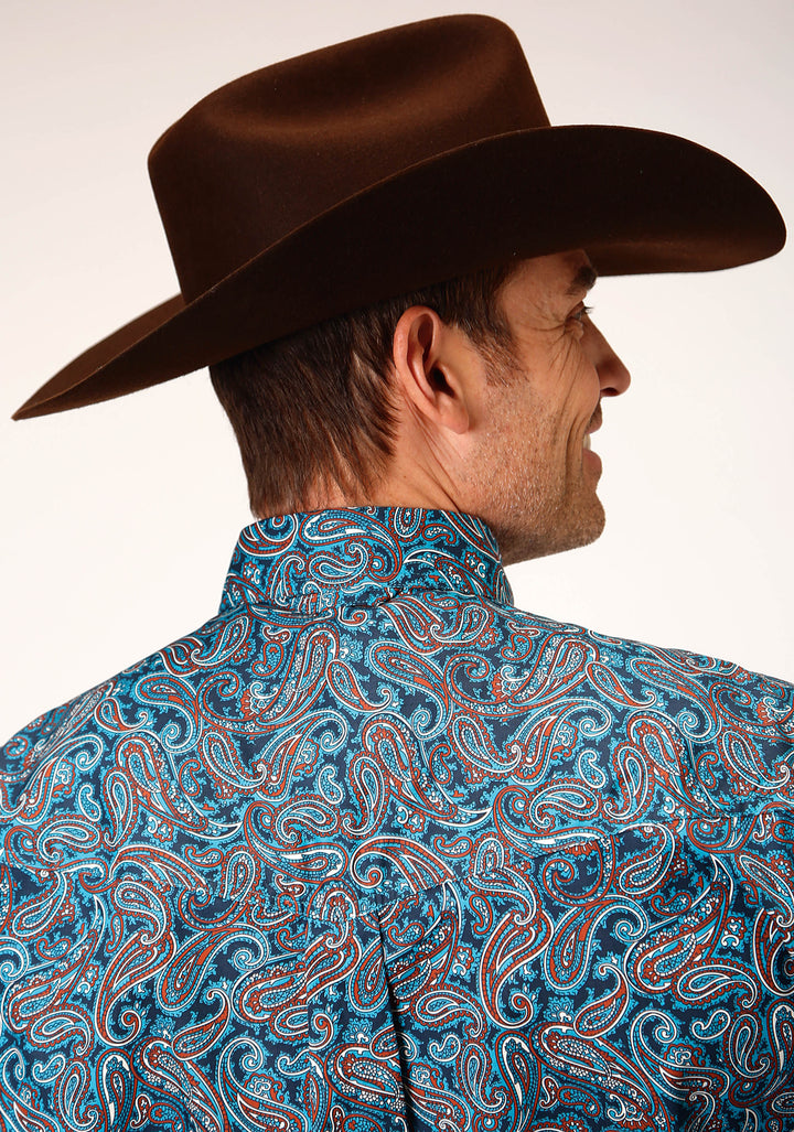 MENS LONG SLEEVE BUTTON BLUE CANYON PAISLEY WESTERN SHIRT