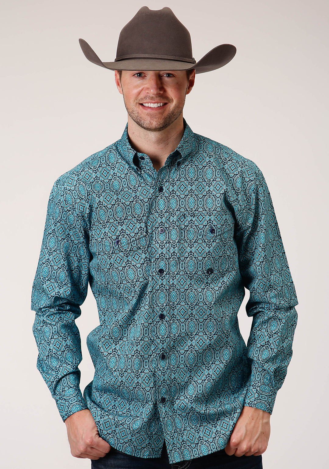 MENS LONG SLEEVE BUTTON MEDALLION PAISLEY WESTERN SHIRT